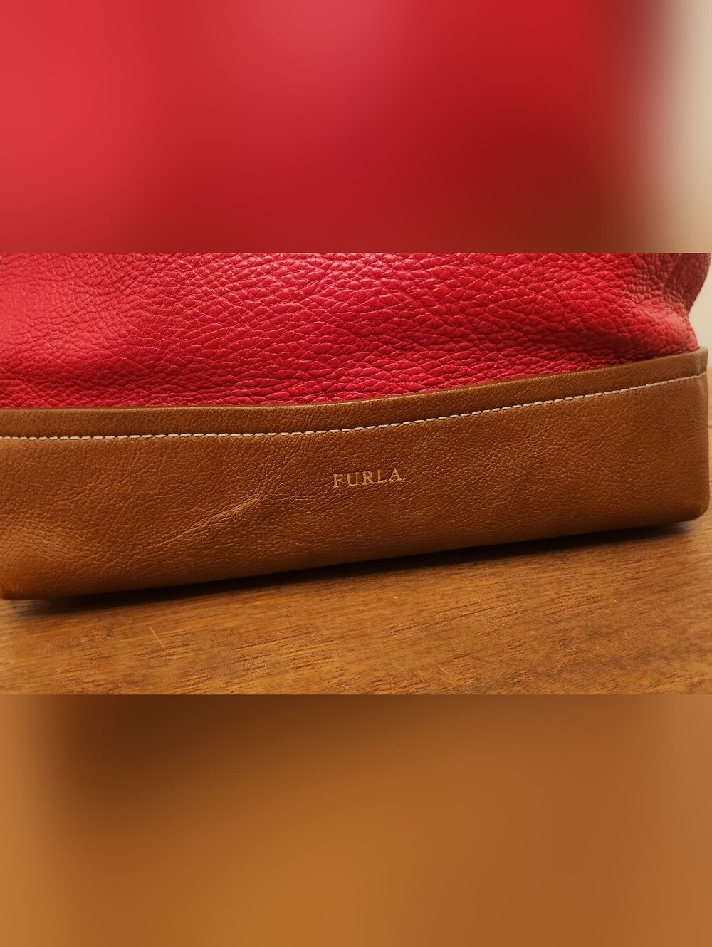 Furla GORGEOUS Red Brown Leather Tote Colorblock Must See ALL Pics!! - Picture 4 of 16